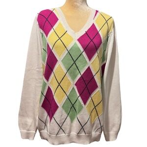 Liz Clairborne Vintage Women's Multicolor Sweater V-Neck Argyle Sweater Size 2X